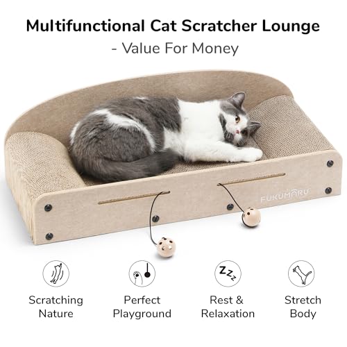 FUKUMARU 26 Inch Cat Scratcher Bed, 2 Reversible Cardboard Cat Scratch Pads Refill for Indoor Cats, Durable Large Cats Scratching Bed Sofa Couch Lounger with Fun Toys, Furniture Protector, Beige
