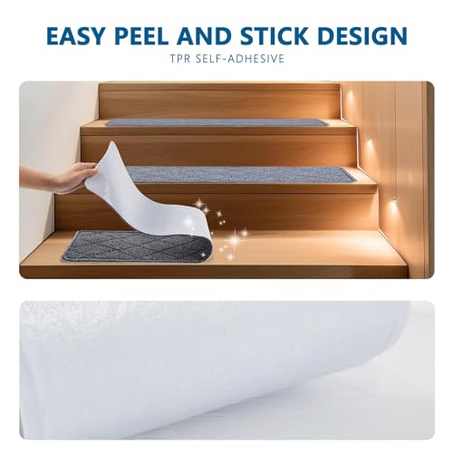KOOTETA Stair Treads for Wooden Steps Indoor, 15 Pack 8" X 30" Non Slip Carpet Stair Treads with Reusable Adhesive for Elders and Dogs, Surface Polyester TPR Backing Stair Runner Rugs, Dark Grey