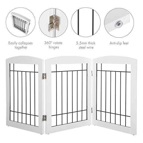 PAWLAND Free Standing Dog Gates for The House Stairs Doorways Indoor Foldable Wooden Small White Puppy Pet Gate Step Over Fence 60" W 24" H 3 Panels