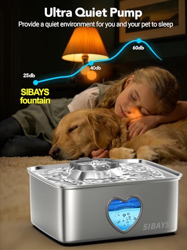 SIBAYS 15L Large Dog Water Fountain, 4 Gal Stainless Steel Pet Water Fountain for Dogs Inside, Ultra Quiet Automatic Dog Water Bowl Dispenser with Water Level Window & LED Light, Easy to Clean FS80