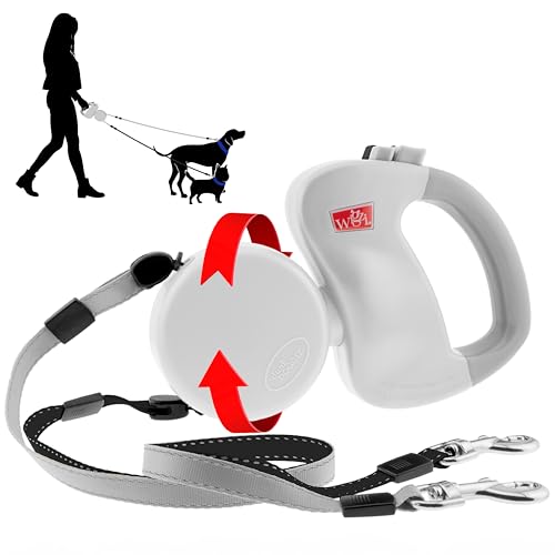 WIGZI - 2026 Edition - Dual (2) Dog Retractable Leash, Auto-Untangles, Supports Up to 50lb Dogs, 10ft Distance Each Dog, Color-Coded Control, Reflective Leads, Waterproof (White)