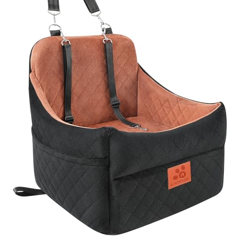 GL GLENSLAVE Dog Car Seat for Small/Medium Dogs, Dog Booster Car Seats with Thick Cushion for Dogs Under 35 lbs, Detachable Washable Pet Carseat with Storage Pockets, 2 Safety Belts(Black/Brown)
