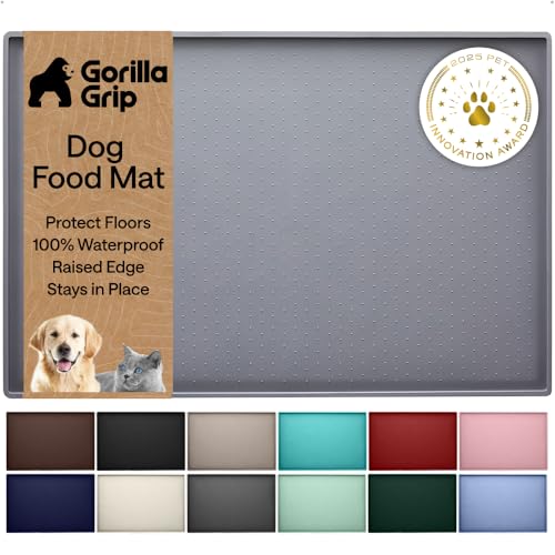GORILLA GRIP 100% Waterproof Raised Edge BPA Free Silicone Pet Feeding Mat, Dog Cat Food Mats Contain Spills Protects Floors, Placemats for Cats and Dogs Water Bowl, 18.5x11.5, Gray