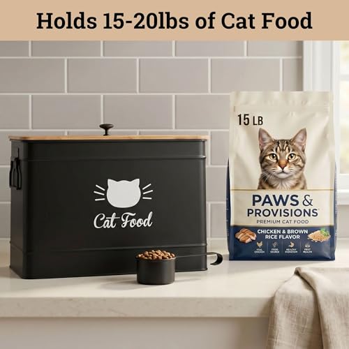 Cat Food Storage Container with Scoop - 15 lb (50 Cup) Capacity Metal Cat Food Container with Airtight Bamboo Lid & Metal Scoop - Airtight Pet Food Storage Containers - 15 lb Treats & Kibble Container