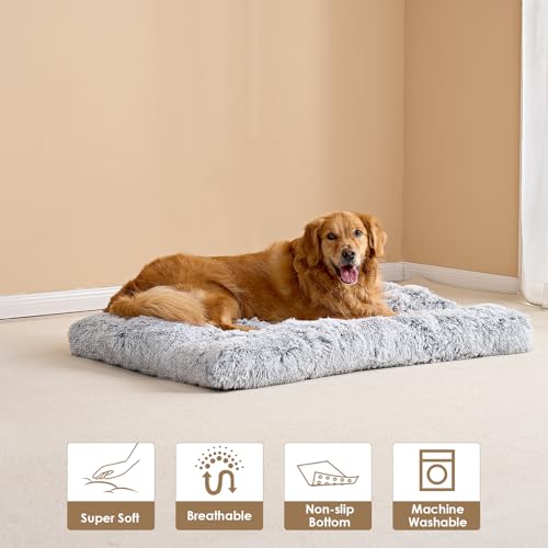 EHEYCIGA Fluffy Dog Crate Bed for Extra Large Dogs, Plush Faux Fur Pad, Calming Anti Anxiety XL Bed for Crate, Washable Soft Warm Dog Mat with Non-Slip Bottom, Grey