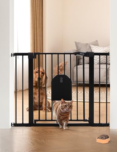 Babelio Auto Close Baby Gate with Cat Door,29-43" Metal Gate for Doorway,Stairs, House,Easy Walk Thru with Pet Door,Includes 4 Wall Cups and 3 Extension Pieces,Black