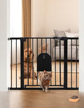 Babelio Auto Close Baby Gate with Cat Door,29-43" Metal Gate for Doorway,Stairs, House,Easy Walk Thru with Pet Door,Includes 4 Wall Cups and 3 Extension Pieces,Black