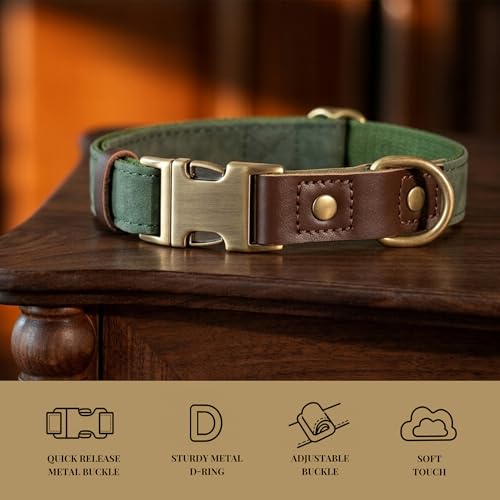 Didog Soft PU Leather Dog Collars for Medium Dogs,Classic Adjustable Dog Collars with Quick Release Metal Buckle,Easy Clean and Comfortable with Nylon Lining,Green,M Neck 14-19"