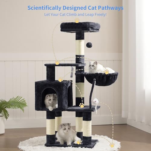 Heybly Cat Tree with Toy, Cat Tower condo for Indoor Cats, Cat House with Padded Plush Perch, Cozy Hammock and Sisal Scratching Posts, Smoky Gray HCT004SG