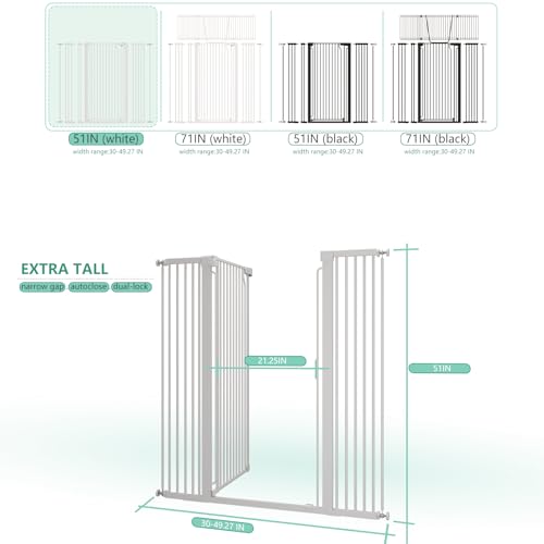 51" Extra Tall Cat Gate 30"-49.27" Wide, Auto Close, Pressure Mounted, for Cats & Small Dogs, Hallway, Stairs, Kitchen, Not Baby Gate,White