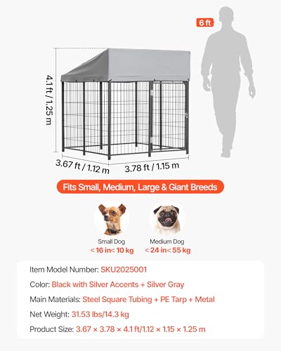 VEVOR Outdoor Dog Kennel, 3.67 x 3.78 x 4.1 ft Large Dog Kennel with Secure Lock, Outside Dogs Enclosures with UV-Resistant & Waterproof Roof Cover, Heavy Duty Pet Crate Cage Run for Large Dogs