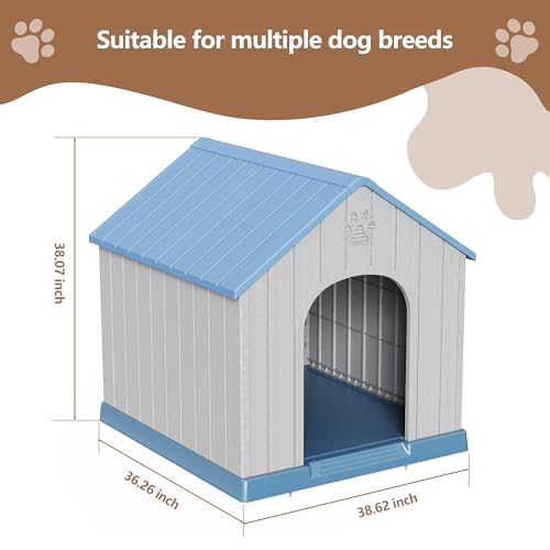 DRATO Large Dog House Indoor Outdoor Waterproof,Puppy Shelter with Air Vents and Elevated Floor,Sturdy Dog Kennel for Small to Large Sized Dogs, Easy to Assemble (Blue, 38.62×36.26×38.07 Inches)