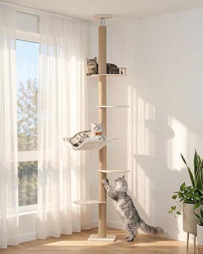 KinoTail Floor to Ceiling Cat Tree for Large Cats, 76-108in Height Adjustable 5-Tier Wood Cat Tower, Cats Activity Center with Plush Hammock & Jute Rope Scratching Posts for Indoor Cats