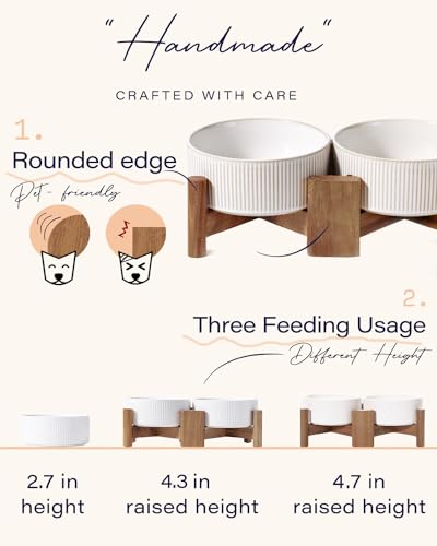 Getstar Ceramic Dog Bowls Set with Acacia Wood Stand, 3.5 Cups Pet Bowls Set of 2 for Medium Dogs, Cute Dog Raised Food Bowl, Cat Bowls