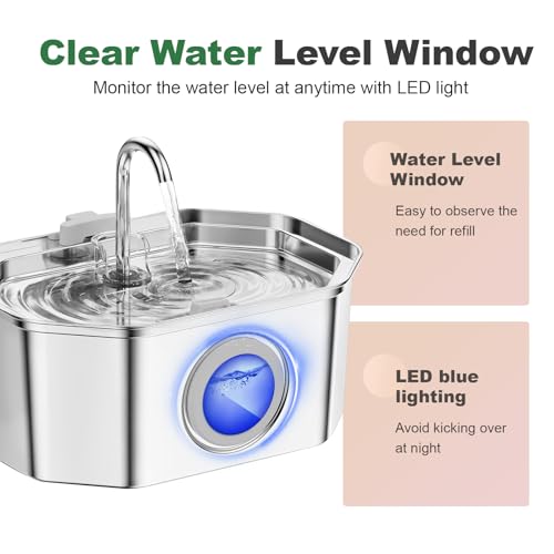 Cat Water Fountain Stainless Steel 108oz/3.2L, APAUK Automatic Pet Fountain Dog Water Dispenser with Water Level Window, Quiet Cat Fountain for Drinking, Inside with Replacement(1 Filter&1 Sponge)