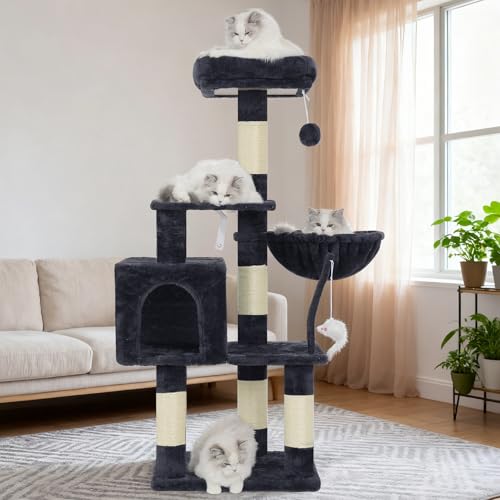 Heybly Cat Tree with Toy, Cat Tower condo for Indoor Cats, Cat House with Padded Plush Perch, Cozy Hammock and Sisal Scratching Posts, Smoky Gray HCT004SG