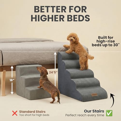 Miorun Dog Stairs for High Beds Up to 30", Extra-Tall 5-Step Dog Steps for Bed, 24.5" Tall Foam Pet Stairs for Small & Medium Dogs, Gentle Slope Cat Ramp for Bed with Washable Cover