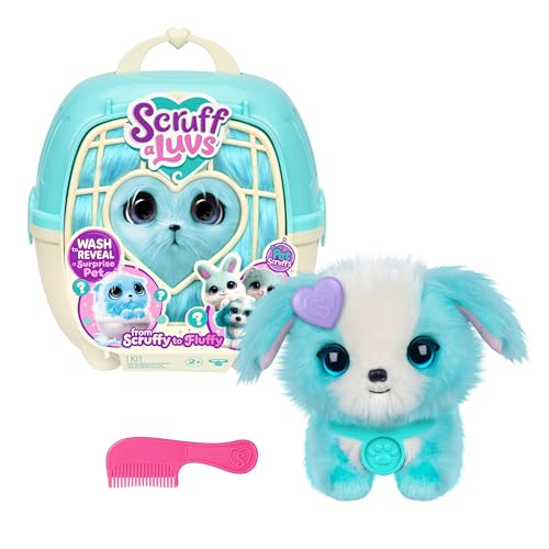SCRUFFALUVS Blue Surprise Pet, Mystery Plush Toys, Stuffed Animals, Wash to Reveal 1 of 3 Rescue Surprise Toy Pets: Puppy, Bunny, or Kitty - Includes 8.7" Deluxe Carrier - Styles May Vary