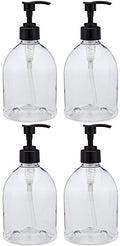 (4 Pack with Patented Screw-On Funnel) Earth's Essentials Versatile 16 Ounce PET Plastic Refillable Designer Pump Bottles. Excellent Liquid Hand Soap, Lotion, Shampoo and Massage Oil Dispensers