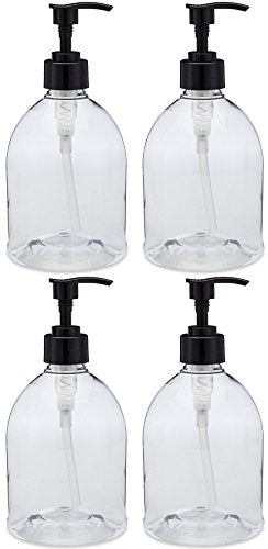 (4 Pack with Patented Screw-On Funnel) Earth's Essentials Versatile 16 Ounce PET Plastic Refillable Designer Pump Bottles. Excellent Liquid Hand Soap, Lotion, Shampoo and Massage Oil Dispensers