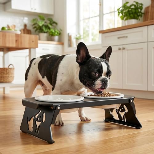 Elevated Ceramic Slow Feeder Bowls, 2 Bowls & Black Stainless Steel Stand,for Cats and Small Medium Dogs, 1.5 Cups*2,Raised Cat Food and Water Bowl Set, Blue & White