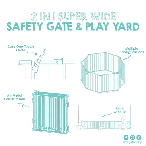 Regalo Safety 192" Super Wide Baby Gate & Play Yard, 2-in-1 Convertible Extra Wide Safety Barrier, Hardware Mounted for Toddlers & Pets, Tested & Safe for 30 Years, American Designed & Owned, White
