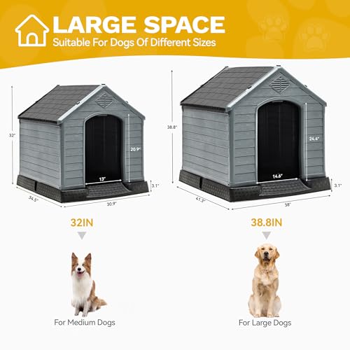 DWVO Spacious Plastic Dog Shelter, Weatherproof Outdoor/Indoor Doghouse, Puppy Kennel with Air Vents and Elevated Floor, 41.3''L*38''W*38.8''H, Black+Gray