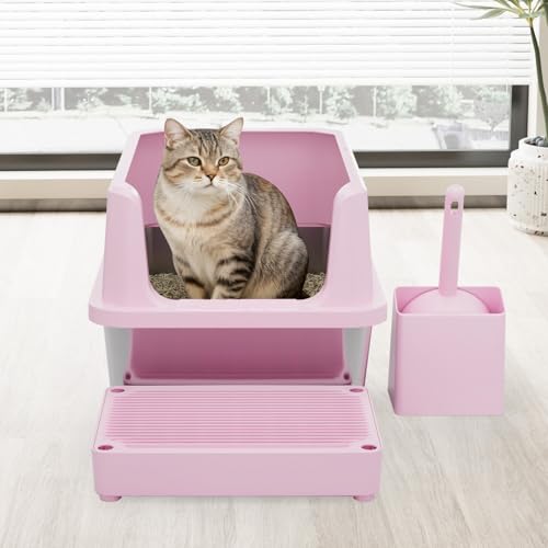 RIZZARI Pink Open-Top Cat Litter Box with Stainless Steel Pan - Extra-Large, Non-Porous & Easy Clean, High Sides Anti-Scatter, Includes Scoop, for Apartment Bathroom or Laundry Room