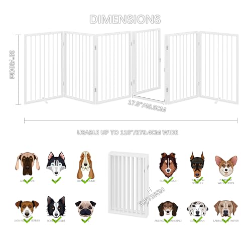 Vantas Folding No-Assembly Metal Pet Gate 120" Wide, 32" Extra Tall Dog Gate with Door Walk Through, Freestanding Accordion Puppy Gate Dog Door for Indoor & Outdoor, with 2PCS Support - White