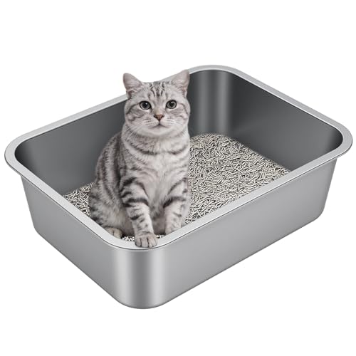 Idymere Stainless Steel Litter Box with High Sided, Metal Cat Litter Box, Odor-Free, Non-Stick Litterbox Pan, Easy to Clean Pet Supplies Toilet Tray for Indoor Cats, Kittens or Multicat Homes