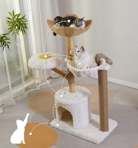 Moewrista Modern Cat Tree with Hammock 48.5 Inches Cat Tower with Scratching Post,Featuring Real Wood Post,Large Rattan Basket, Spacious Flower Perch and Condo for Indoor Cat Large Adults-Beige