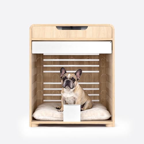 Modern Dog Crate Furniture with Charging Station Medium Kennel Indoor with Flip-up Hidden Acrylic Door for Small and Medium Breeds up to 50lb Wood Pet End Side Table Cage, Oak