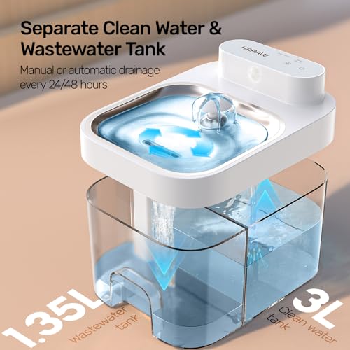 HAPAW 2026 Latest Cat Water Fountain, No Filter Cotton, App Monitoring Wastewater Separation Wireless Pet Fountain, 5000mAh Battery & Plug-in, 3L/101oz Water Dispenser for Cats Indoor, 2.4G Wi-Fi