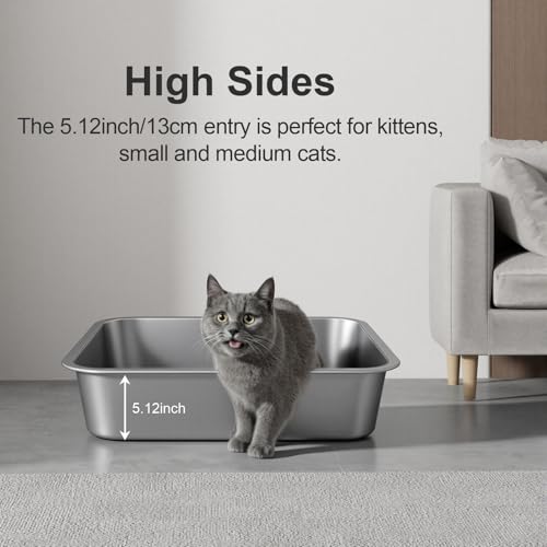 Idymere Stainless Steel Litter Box with High Sided, Metal Cat Litter Box, Odor-Free, Non-Stick Litterbox Pan, Easy to Clean Pet Supplies Toilet Tray for Indoor Cats, Kittens or Multicat Homes