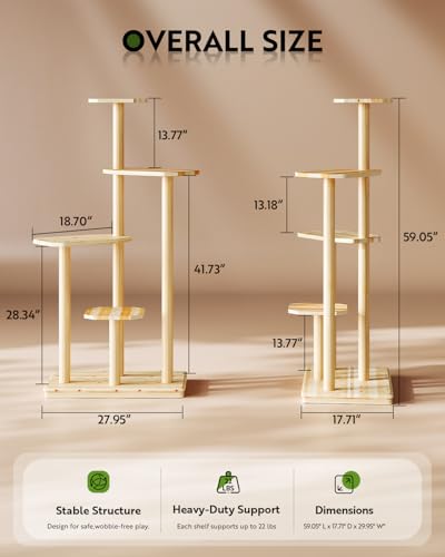 60" Tall Outdoor Cat Tree, Cat Tower Weatherproof for Patio,Garden,Balcony, Durable 4-Tier Natural Wood w/Scratching Posts for Multiple Cats,Outside&Indoor Adult Cats and Kittens Play, Climbing