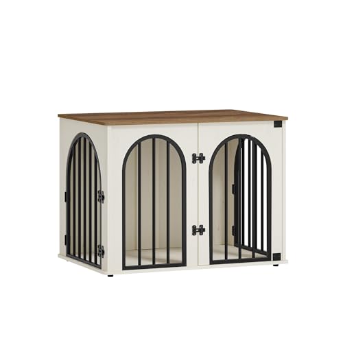Hzuaneri 31.5'' Wooden Dog Crate Furniture, Indoor Dog Kennel Dogs Cage for Small/Medium Dogs, Heavy Duty Dog Crates Decorative Pet House End Side Table TV Stand, White Brown DFC85114B