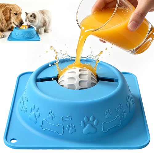 Slow Feeder Dog Bowl for Liquid Treats, Anti-Slip Lick Bowl, Bone Broth and Yogurt Puzzle Feeder, No Spill Pet Bowl Pup Lick Toy for Large Medium Small Dogs and Cats, Anxiety Relief, Blue