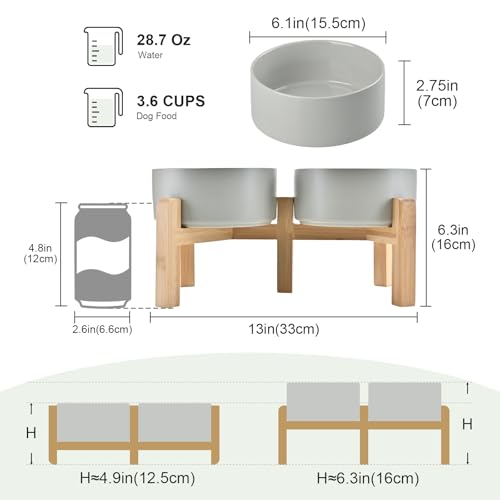 SPUNKYJUNKY Elevated Dog Bowls Ceramic, 6.1'' Dogs and Cat Food Water Bowls Raised with Non-Slip Bamboo Stand for Medium Sized Breed Microwave Dishwasher Safe - 28.7 OZ,Grey
