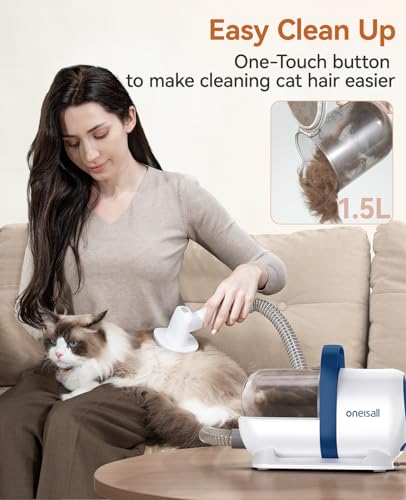 oneisall Cat Grooming Vacuum, Quiet Pet Vacuum Grooming Kit with Brush & Clippers for Hair Shedding Trimming, 6 in 1 Cat Vacuum Groomer for Pet Hair Grooming, White