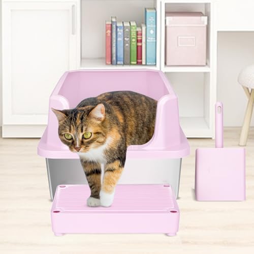 RIZZARI Large Pink Stainless Steel Cat Litter Box - Open-Top with Non-Stick Coating, High Sides Splash-Proof, Easy Clean for Cats up to 20 lbs, Ideal for Living Rooms & Apartments