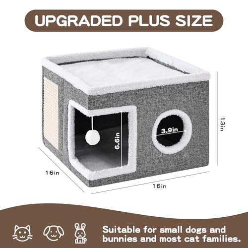 Crispedia Cat Beds for Indoor Cats, Large Cat Cave with Fluffy Ball and Scratch Pad, Foldable Cat Scratch House with Hideaway Condo for Kitten,16x16x13inch,Grey