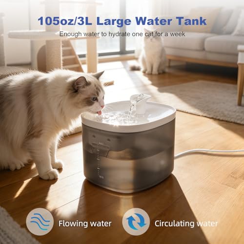 ANDOLL HOME Cat Water Fountain 105oz/3L Pet Water Fountain - Quiet Dog Water Fountain with Water Level - Flowing Water to Provide Fresh Water- No Sputter, Easy Cleaning (Snow White, 3L)