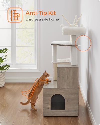 Feandrea Cat Tree with Litter Box Enclosure, 59-Inch Modern Cat Tower, 2-in-1 Condo with Scratching Posts, Washable Removable Cushion, Greige UPCT113G01