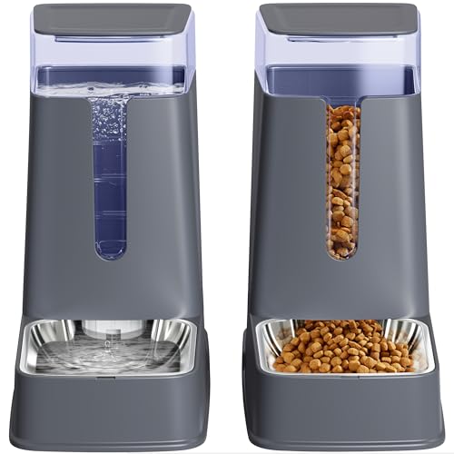 Hipidog Cat Food Dispenser and Cat Water Dispenser Set with Stainless Steel Bowls Gravity Dog Feeder for Small Medium Big Cat Dog Pet Puppy Kitten, 1 Gallon x 2