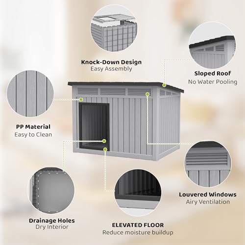Bifanuo Outdoor Indoor Dog House for Small to Medium Dogs - Waterproof Design, Detachable Roof & Easy Assembly and Cleanup (Classic Grey, 32.1" L × 25.1" W × 24" H)