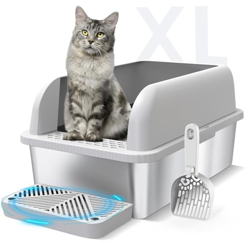 Extra Large Stainless Steel Litter Box with Lid, High Sides Enclosed Cat Litter Box for Big Cats & High Peeing, Anti-Leak & Odor Control Metal Litter Pan, Easy Clean Non-Stick Kitty Litter Box