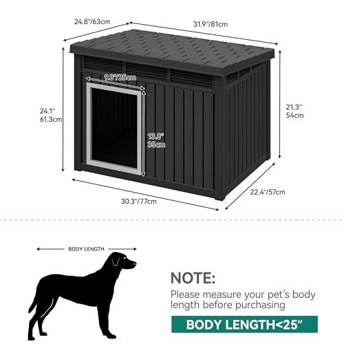 YITAHOME Dog House w/Lift-Up Sloping Roof, Waterproof and Ventilated Pet House for Indoor & Outdoor Use, Easy Assembly Dog Kennel for Small Medium Dogs, Black(32.2" L x 25.1" W x 24.1" H)