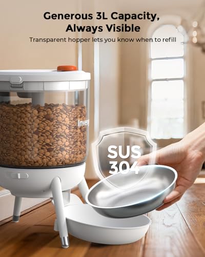 Invengo Automatic Cat Feeder, 3L Timed Pet Feeder for Cats & Small Dogs, Dual Power USB & Battery, Clear Hopper, Easy-Clean, Dry Food & Kibble, Up to 6 Meals Daily