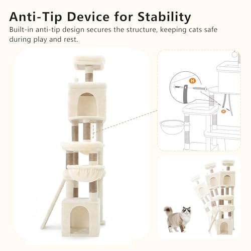 Heybly Cat Tree, 72.4-Inch Anti-Tip Cat Tower for Large Cats, All-in-One Cat Furniture with Spacious Perches, Multiple Interactive Areas, Extra-Large Sisal Scratching Board, Beige HCT060MJ