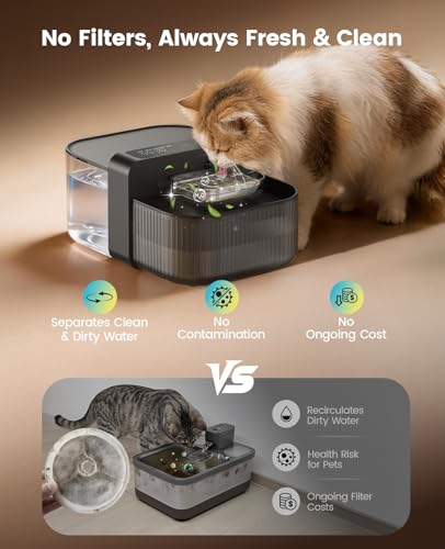 oneisall Wireless Filterless Cat Water Fountain, Separate Clean and Dirty Water Pet Fountain with Stainless Steel Bowl, 3.5L/118oz Quiet No Filter Smart FreshFill Automatic Cat Water Dispenser, Black
